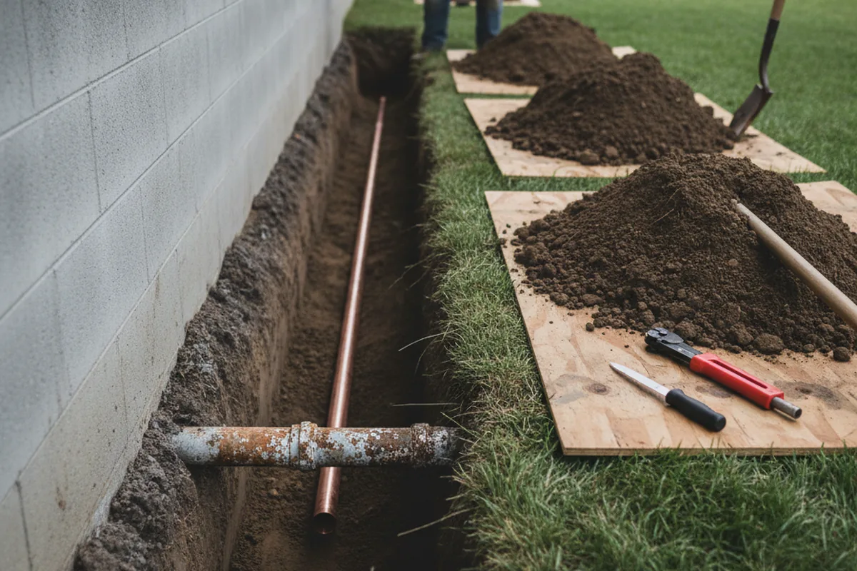 Excavated water line trench during Water Softener Installation in Mingoville